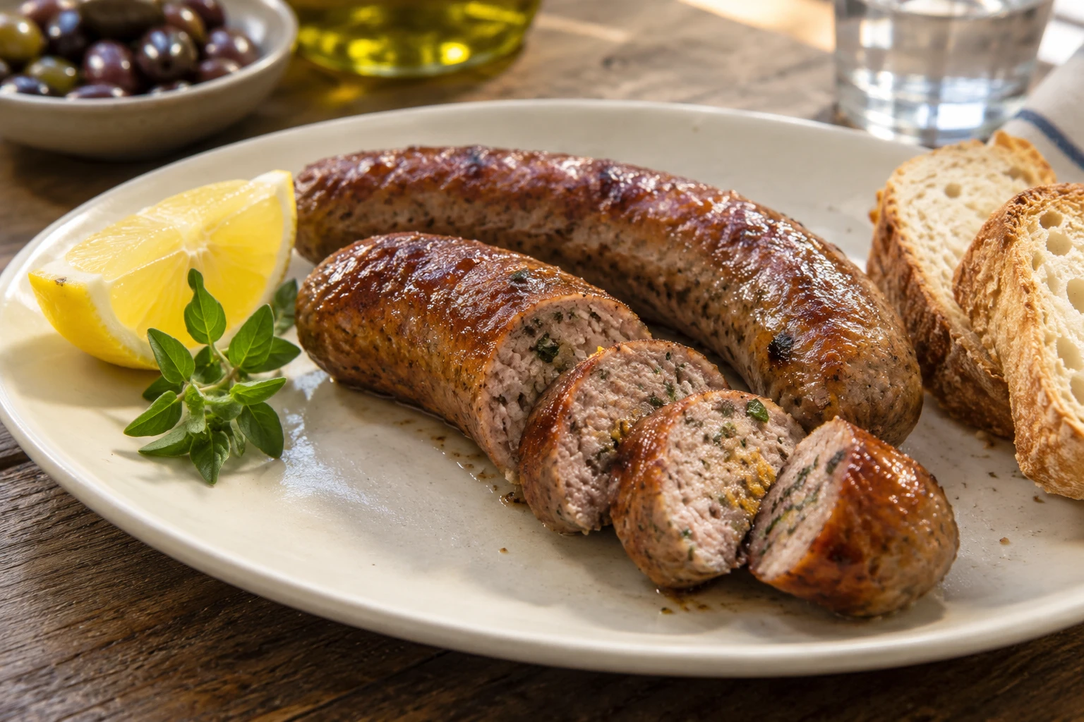 Two browned loukaniko sausages, one cut to show cooked coarse filling, with bread and lemon.