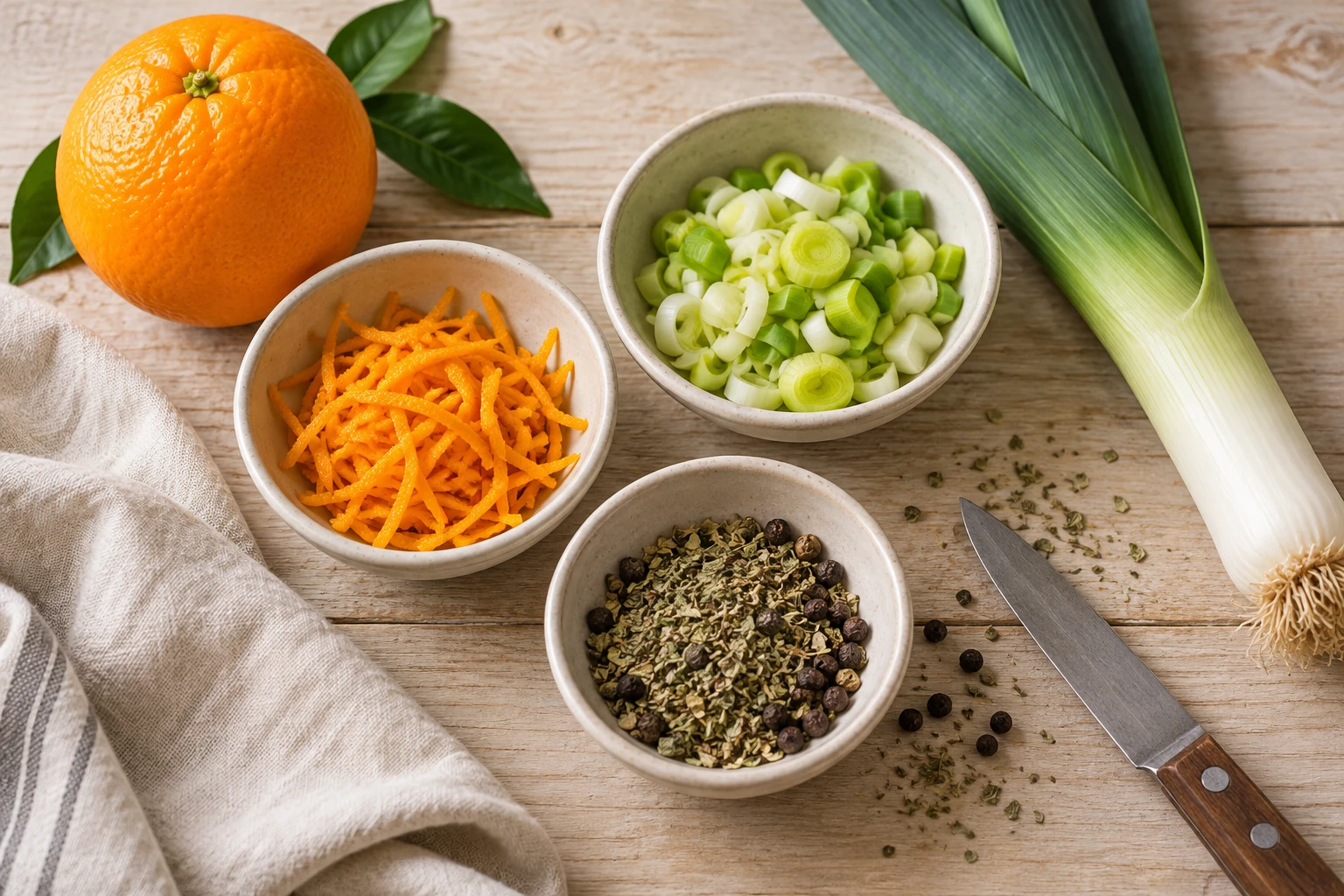 Separate bowls of orange peel, sliced leek and dried herbs beside an orange and whole leek.
