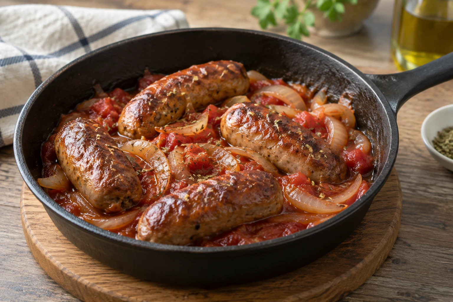 Browned sausage links in a skillet of tomato sauce and softened onion.