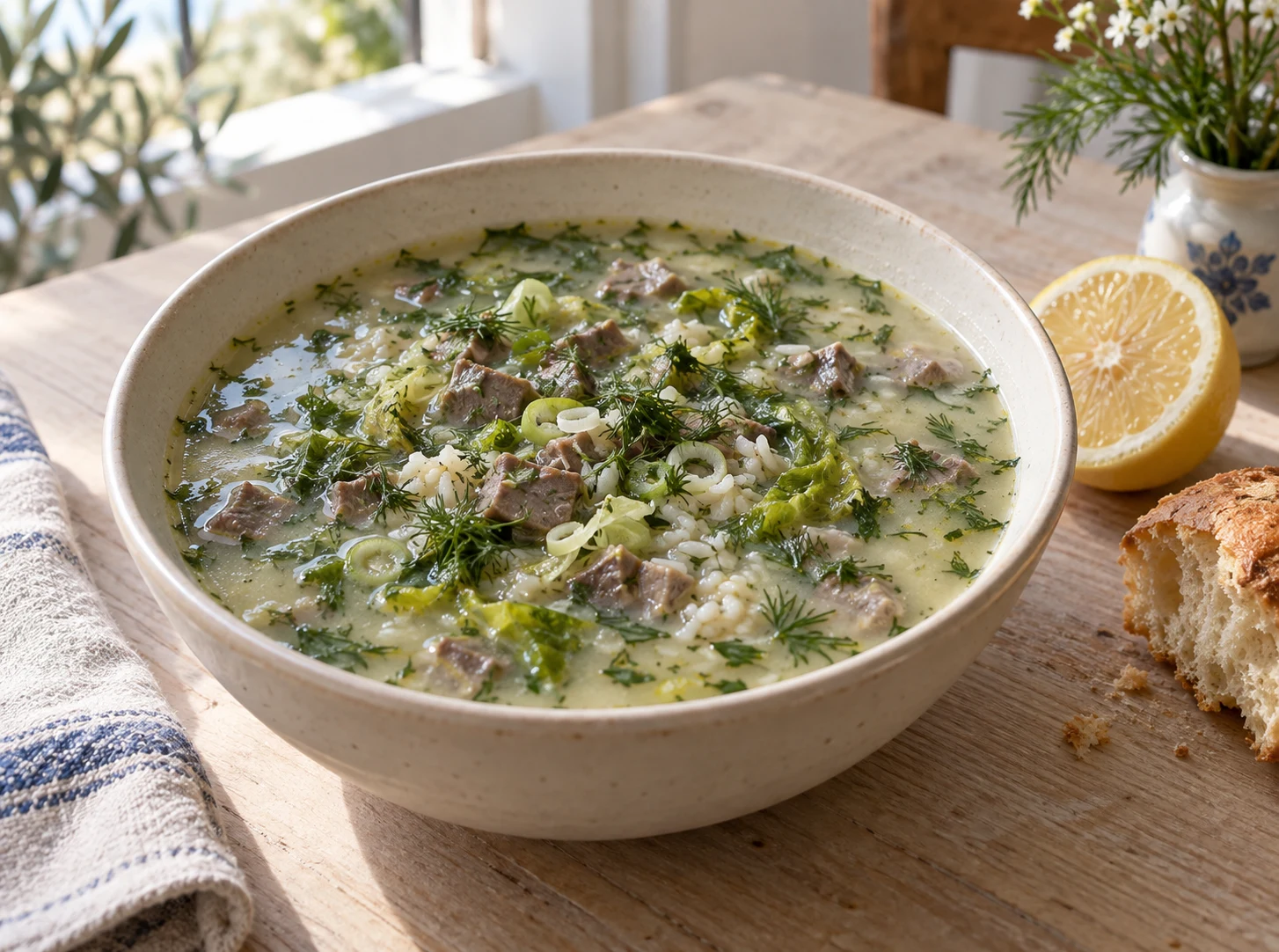 Pale egg-lemon magiritsa with small cooked offal pieces, lettuce, dill, spring onions and rice.