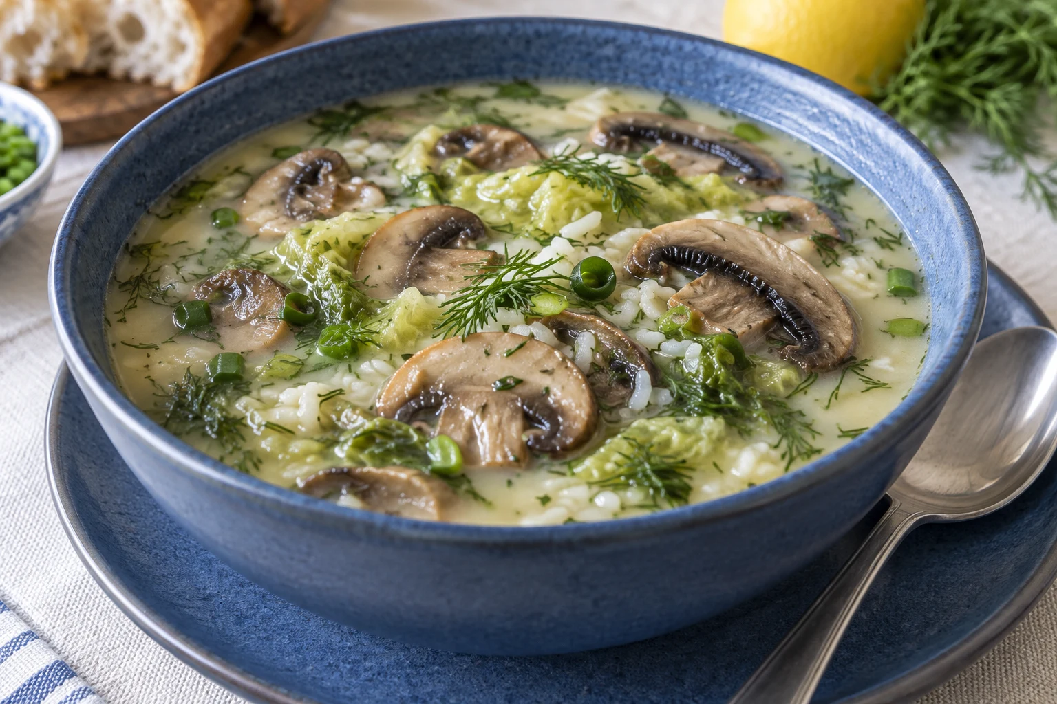 Mushroom mageiritsa with brown mushroom slices, lettuce, rice and dill in a blue bowl.