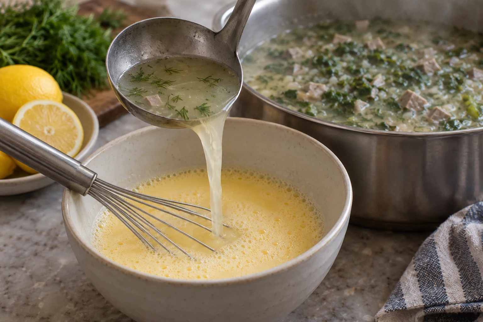 A ladle pours hot herb-flecked broth into whisked egg and lemon in a ceramic bowl.