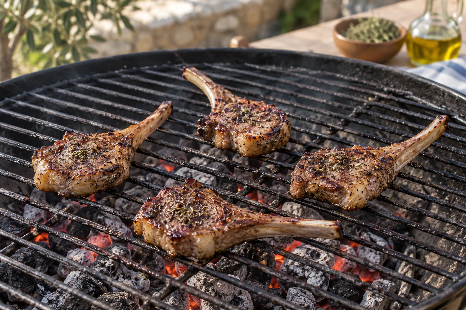 Four lamb rib chops browning with space between them on a charcoal grill grate.