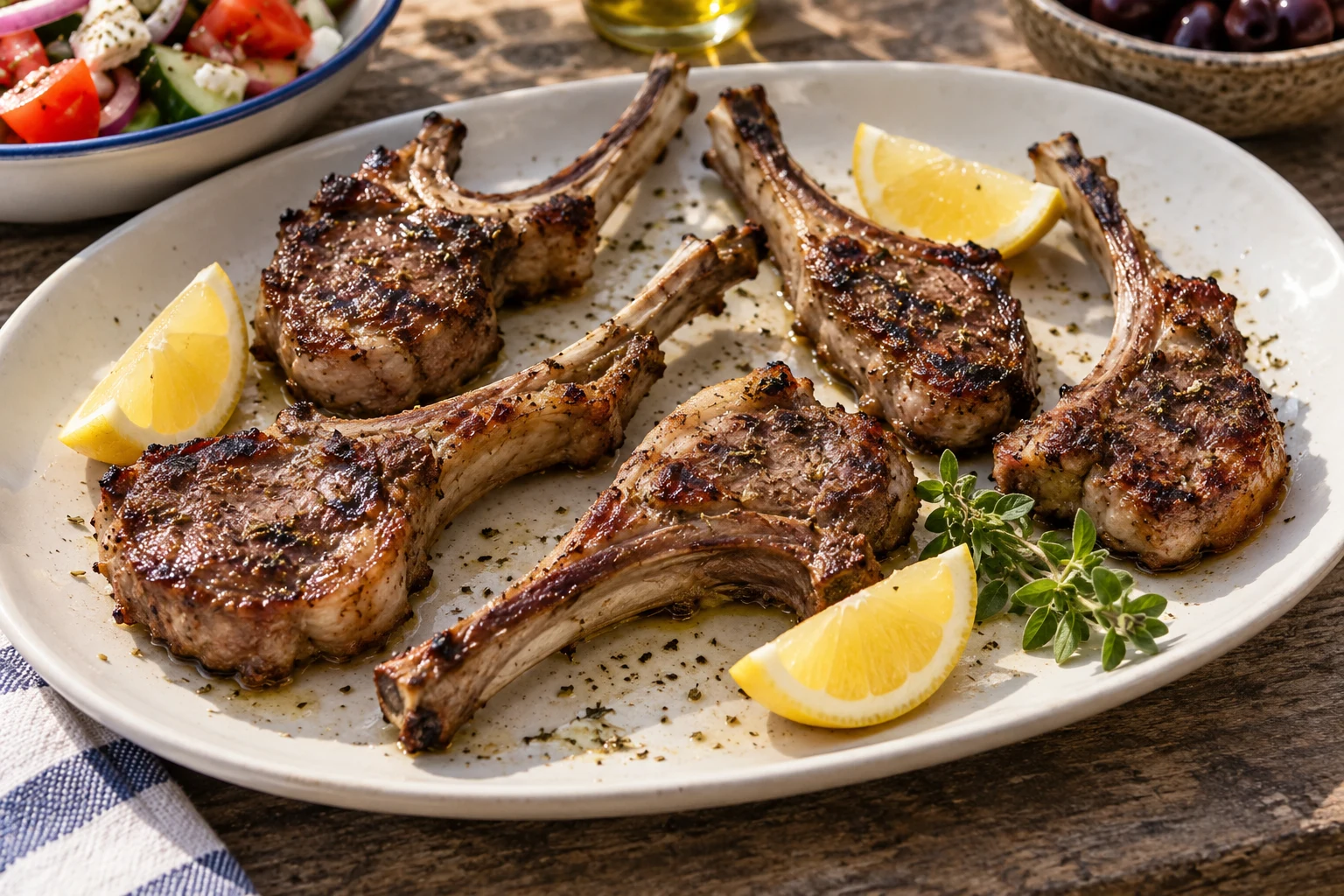 Browned individual lamb rib chops with curved bones, oregano, and lemon wedges on a white platter.