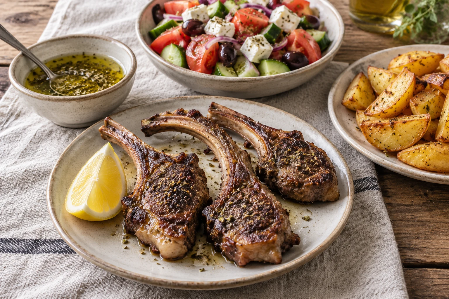 Plate of browned lamb rib chops with separate olive oil lemon dressing, Greek salad, and roasted potatoes.