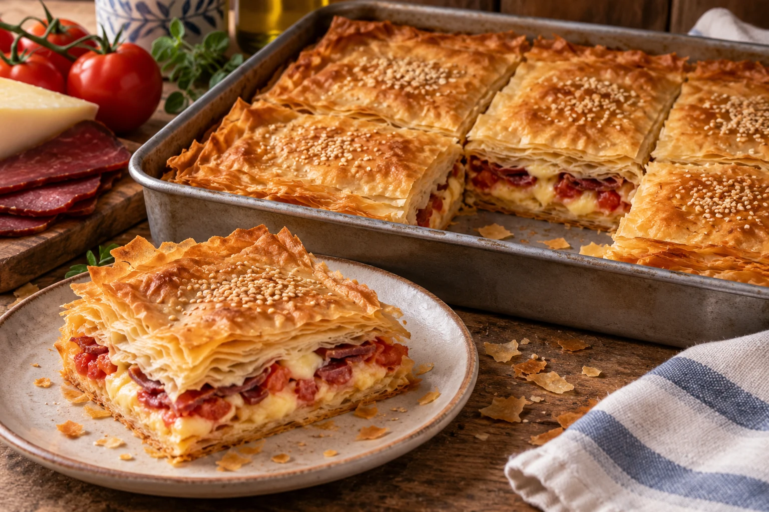 Golden rectangular filo pastourma pie with a cut square showing cheese, cured beef and tomato