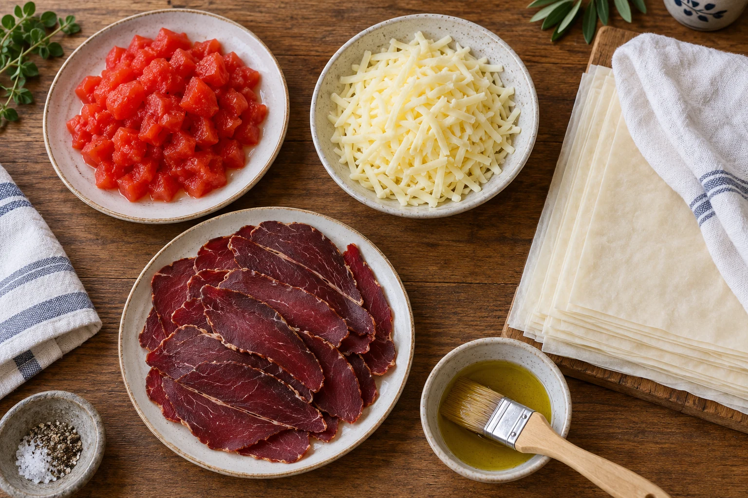 Prepared tomato flesh, grated cheese, thin dark red cured beef slices and covered filo sheets