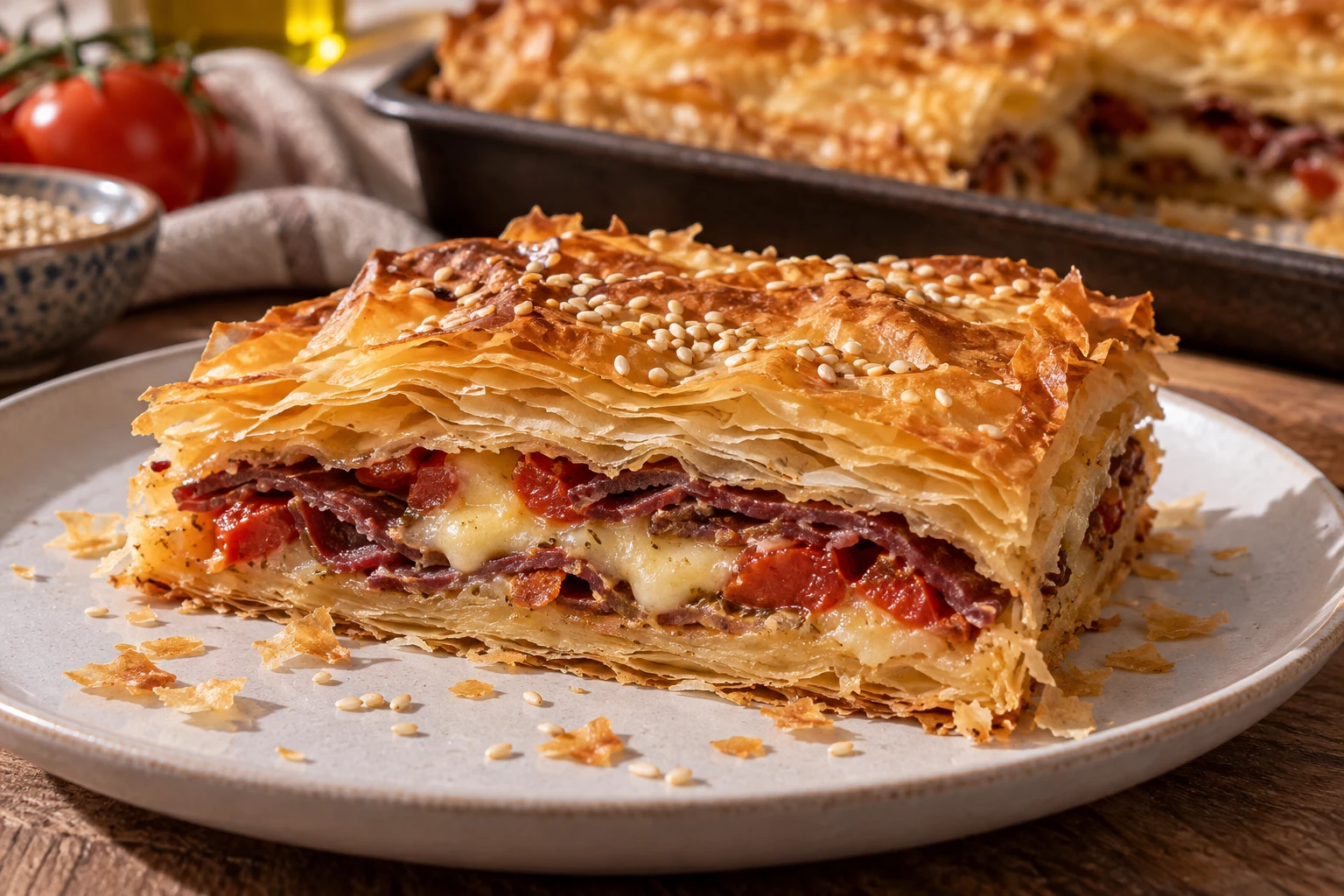 Side of a square filo pie slice showing golden pastry, melted cheese, thin cured beef and tomato