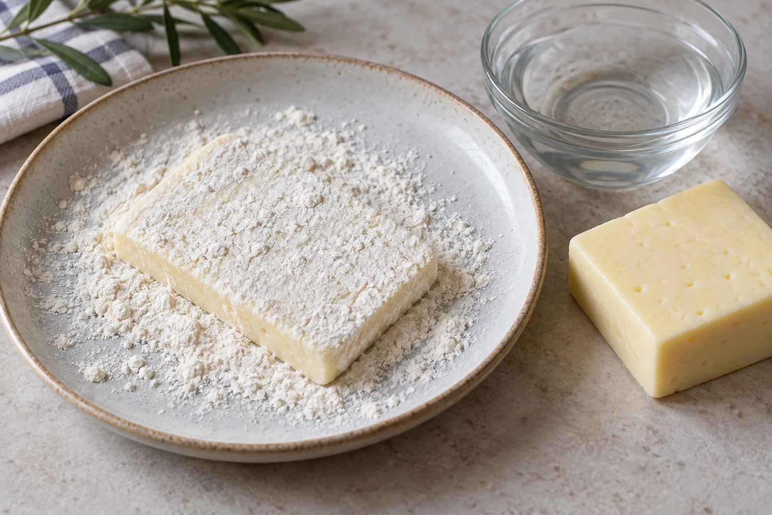 A thick cheese slice dusted with flour on a plate beside a cheese block and water bowl