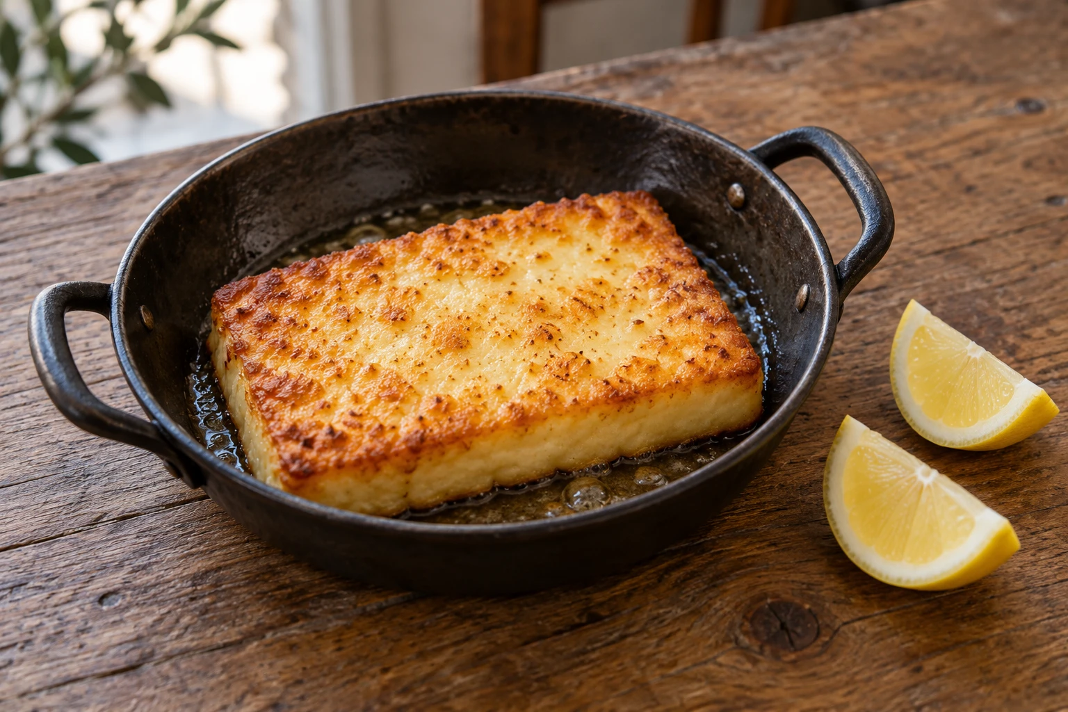 A golden rectangle of fried cheese in a small two-handled pan beside lemon wedges