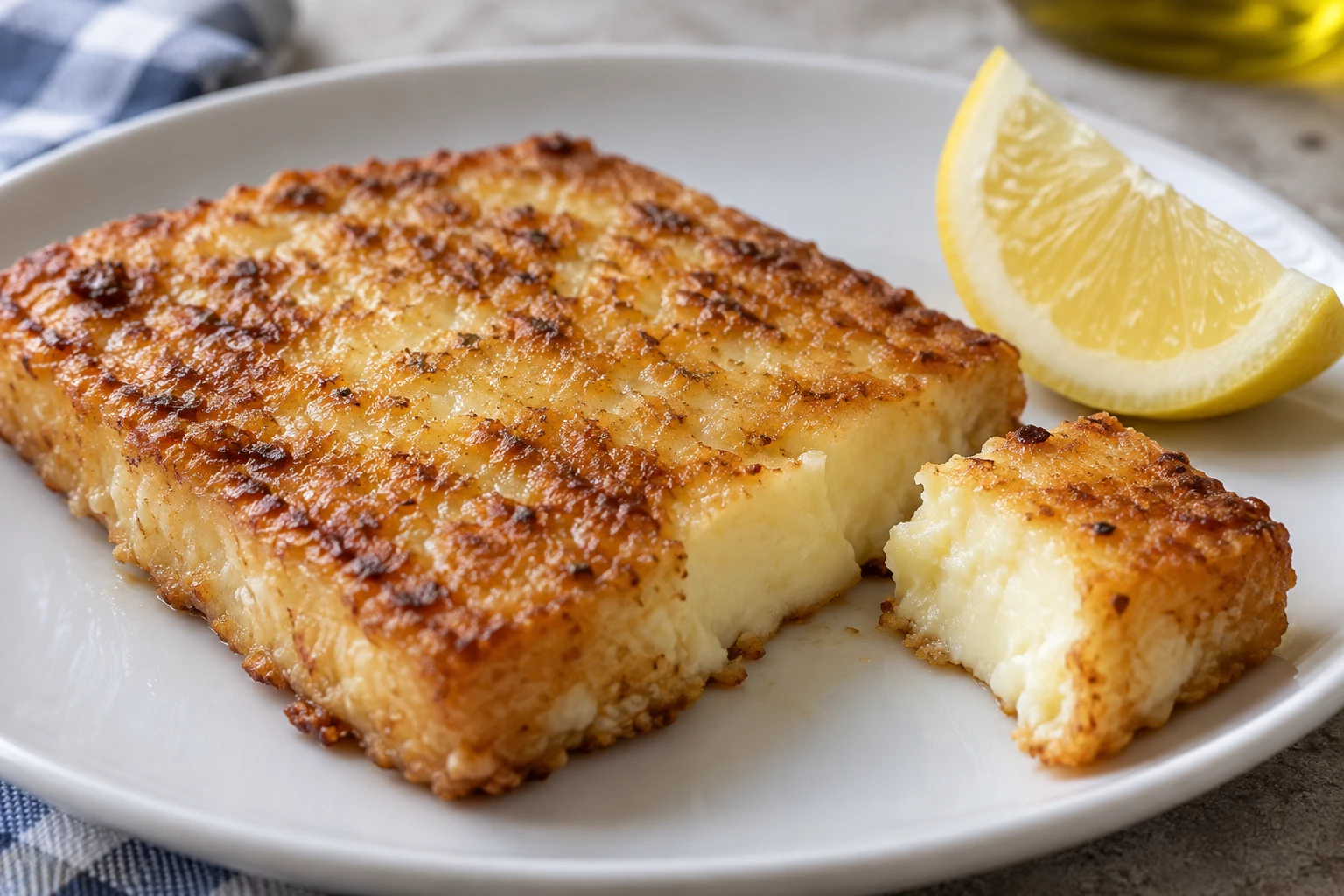 A cut corner of fried cheese shows a softened pale interior under a thin golden crust