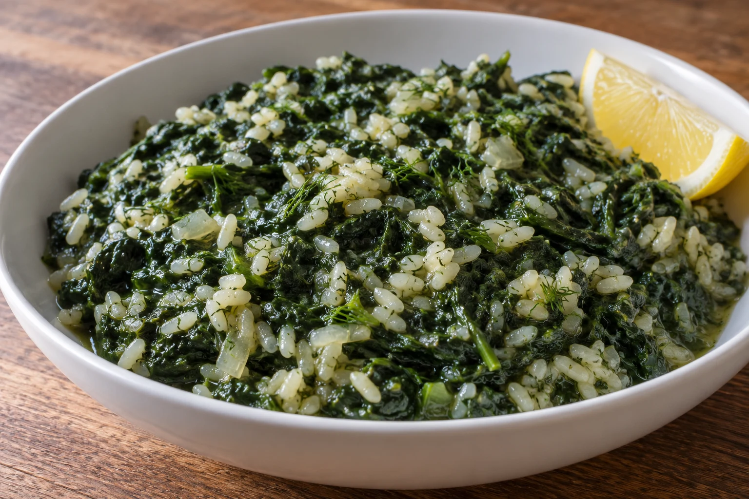 Close view of tender rice grains among soft spinach and fine dill