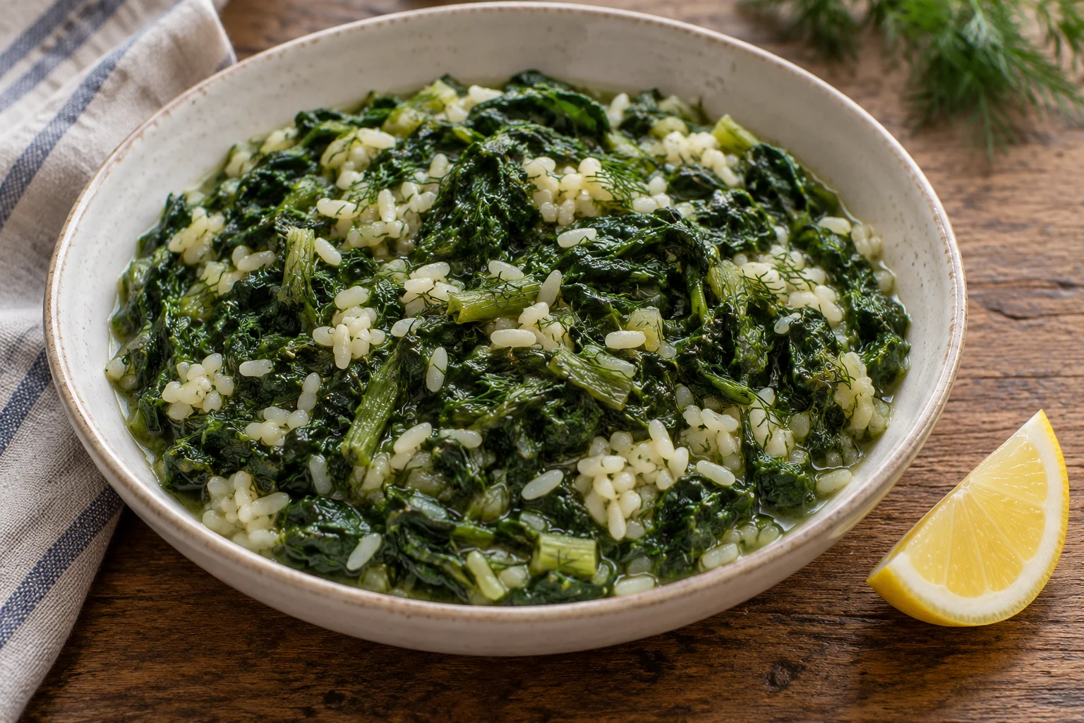 Moist Greek spinach rice with abundant dark green leaves and a lemon wedge