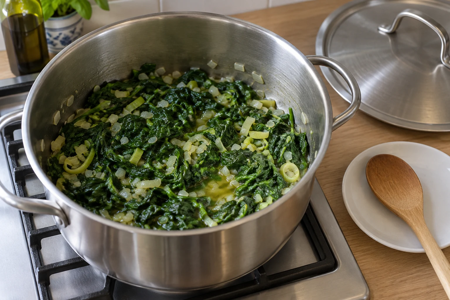 Wilted spinach with softened onion and leek in a wide cooking pot