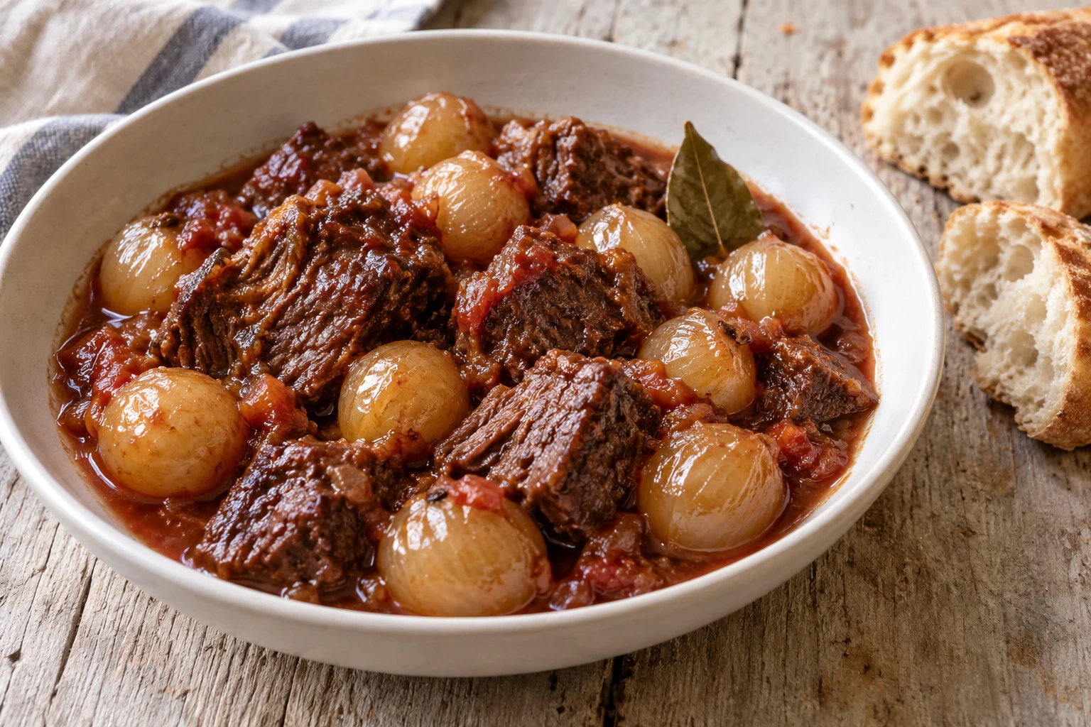 Greek beef stifado with cooked brown beef chunks and whole golden pearl onions in reddish-brown sauce