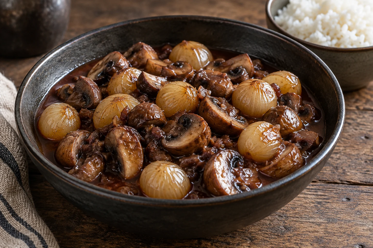 Cooked mushrooms and whole golden onions in a glossy brown wine sauce with rice served separately
