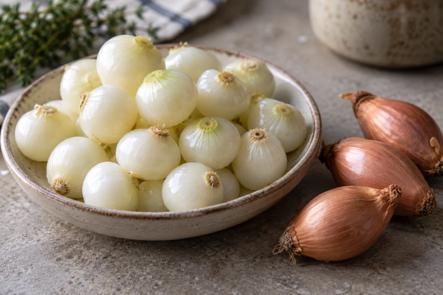 Peeled fresh white pearl onions in a dish beside a few copper-skinned small shallots