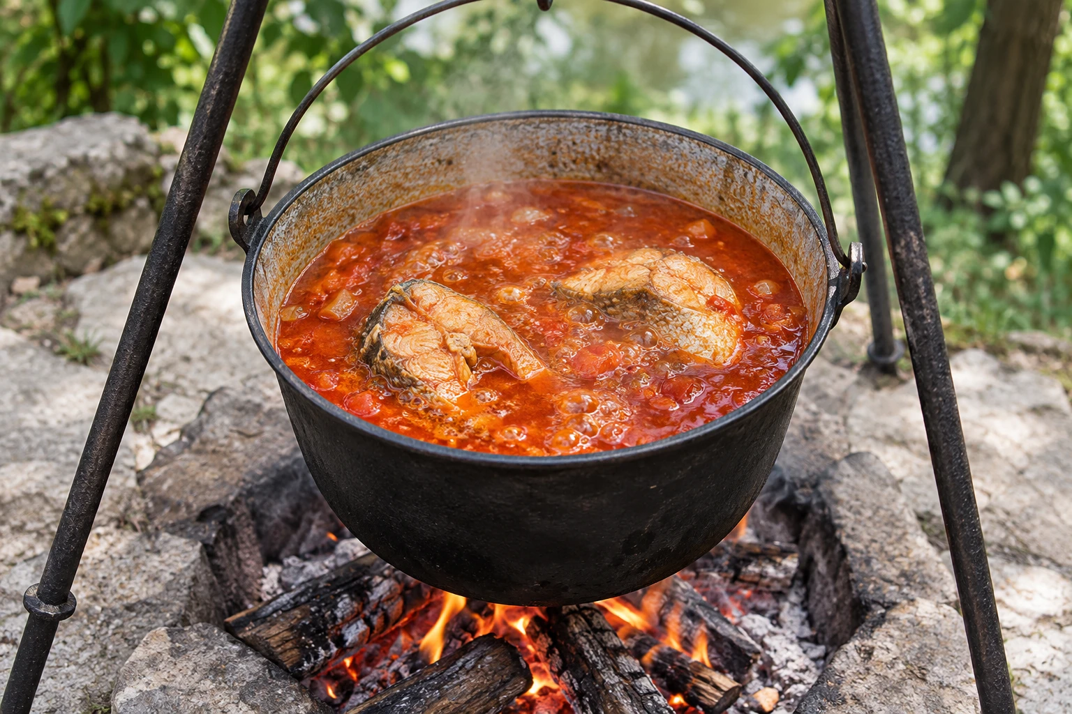 Black hanging cauldron of bubbling paprika-red fish soup over a contained wood fire.