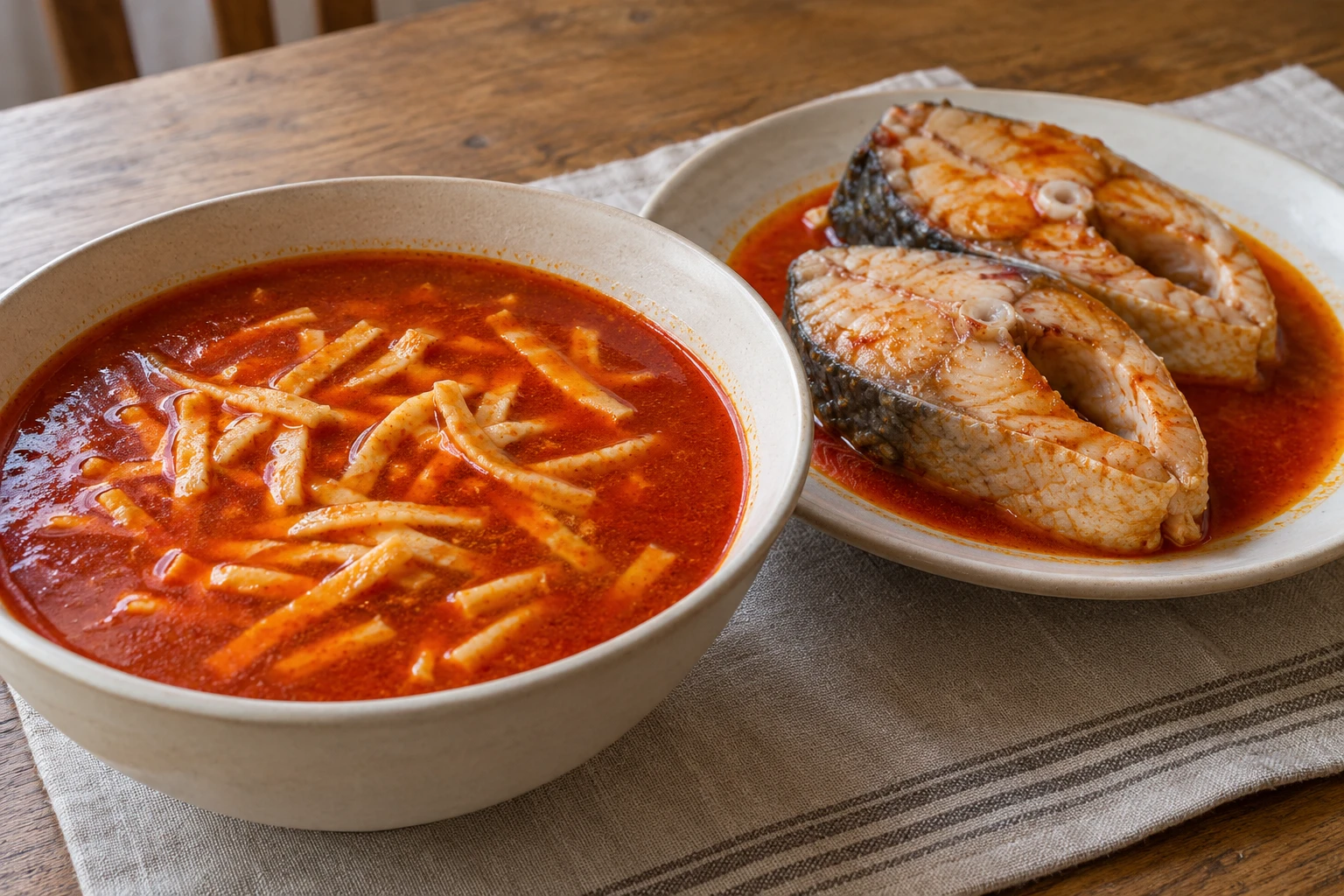 Baja-style paprika fish broth with short noodles beside a plate of cooked carp steaks.