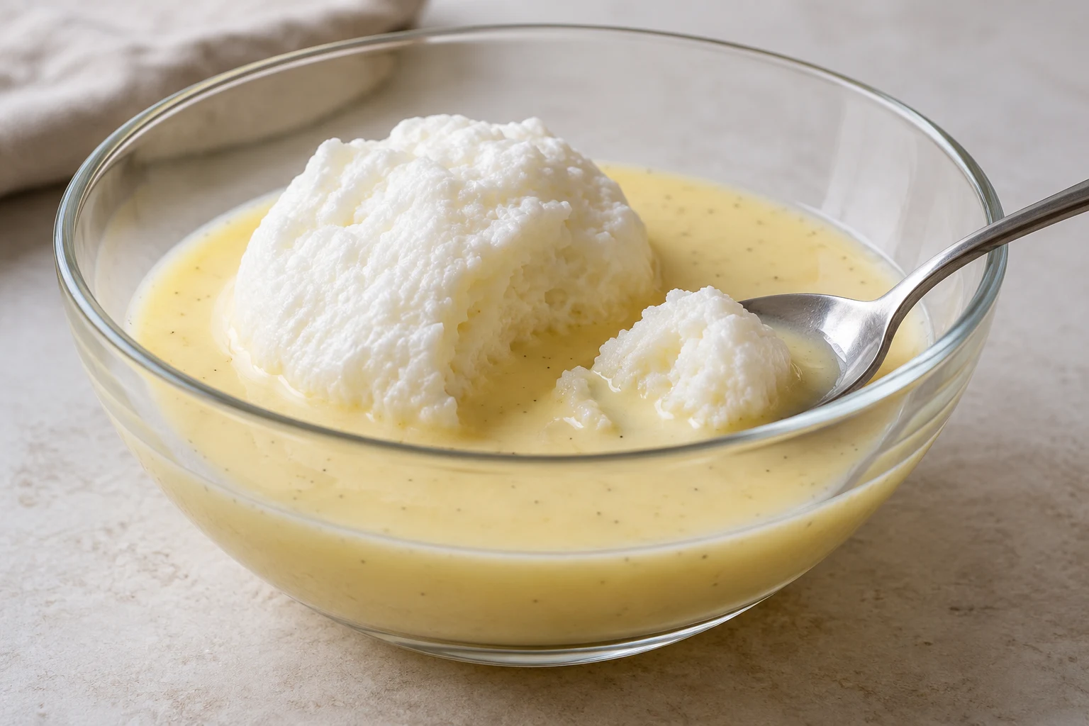 A spoonful of soft white dumpling beside a broken dumpling in a glass bowl of vanilla custard