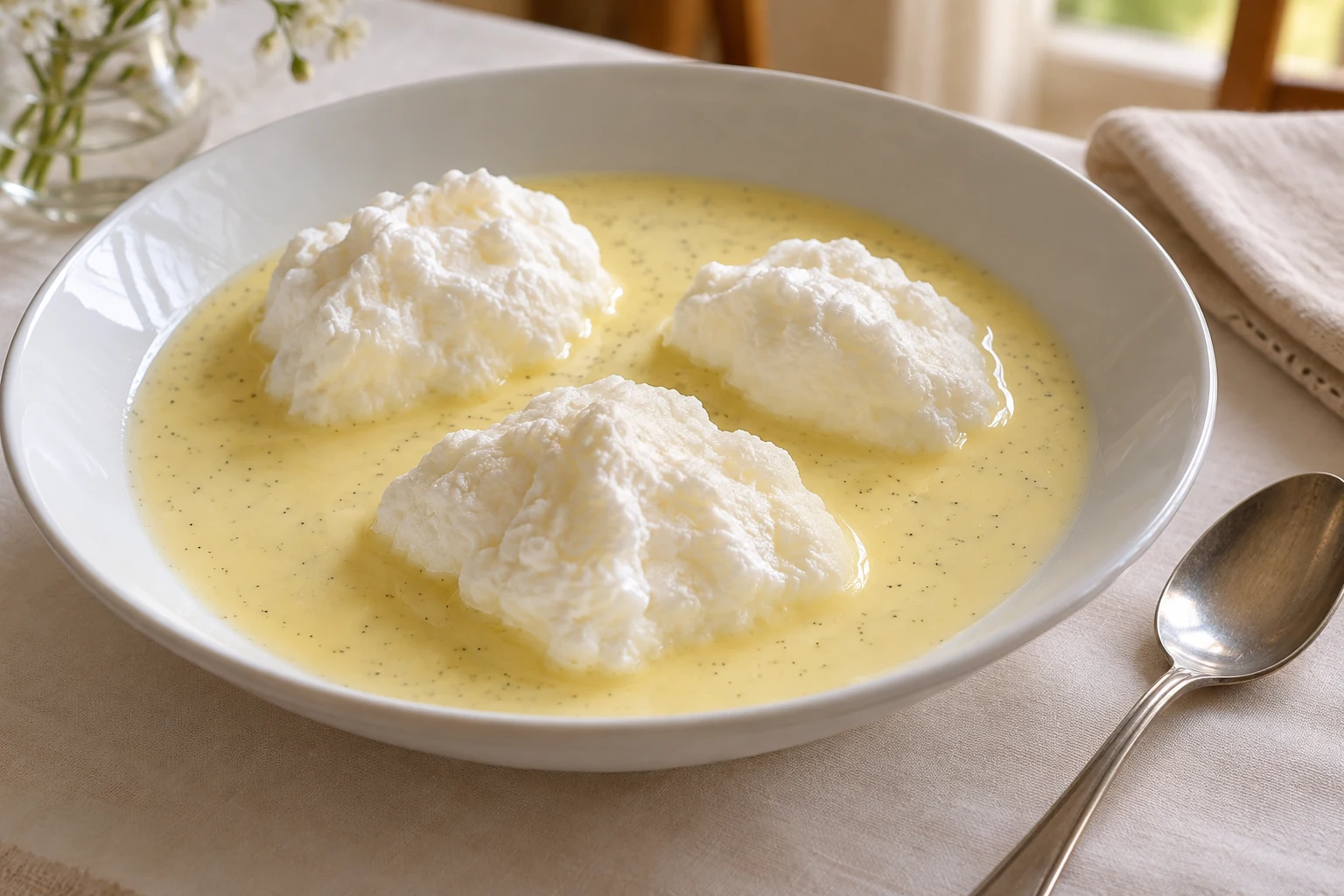 Three soft white egg-white dumplings floating in pale yellow vanilla custard