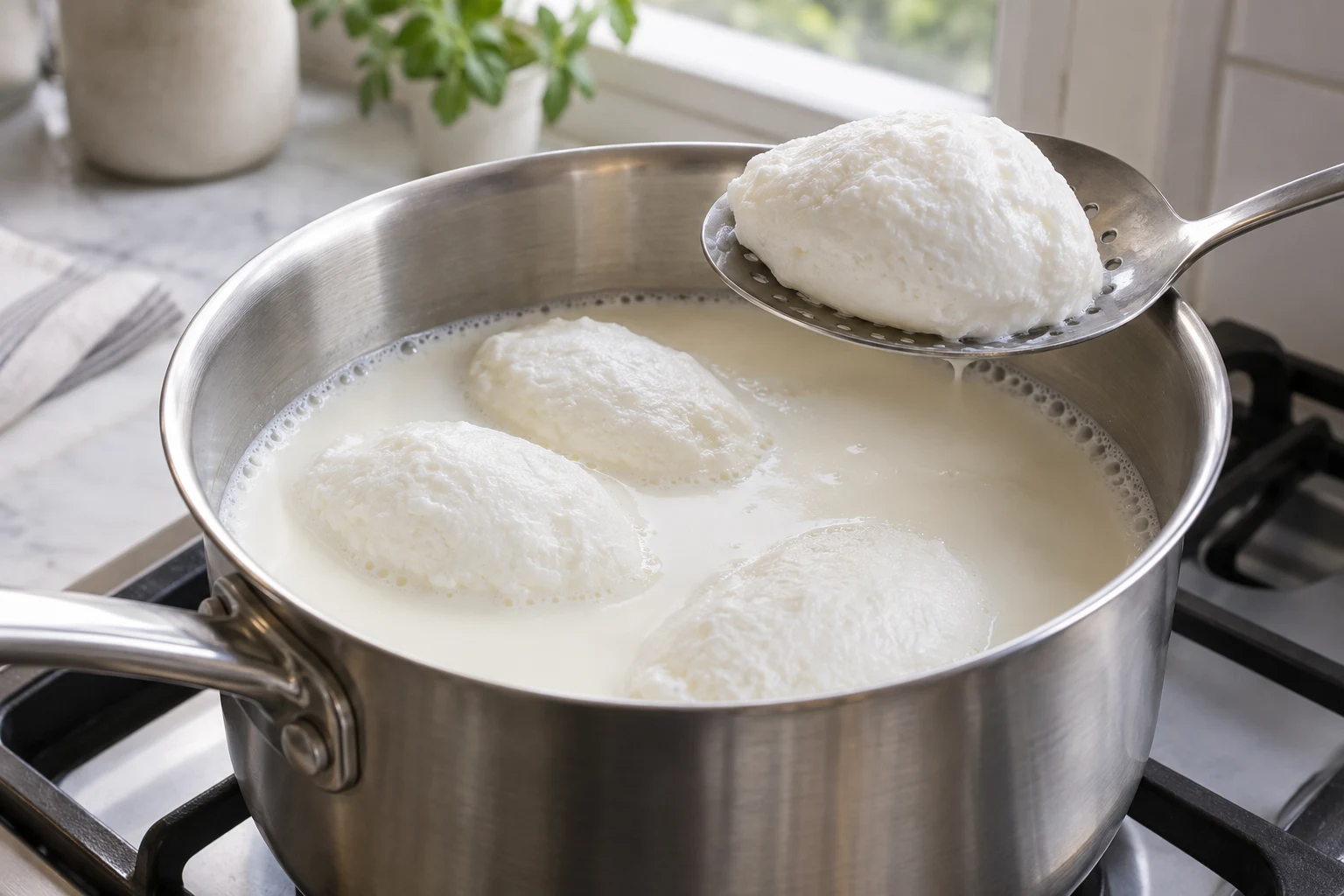 White egg-foam dumplings poaching with space between them in milk, one draining on a slotted spoon