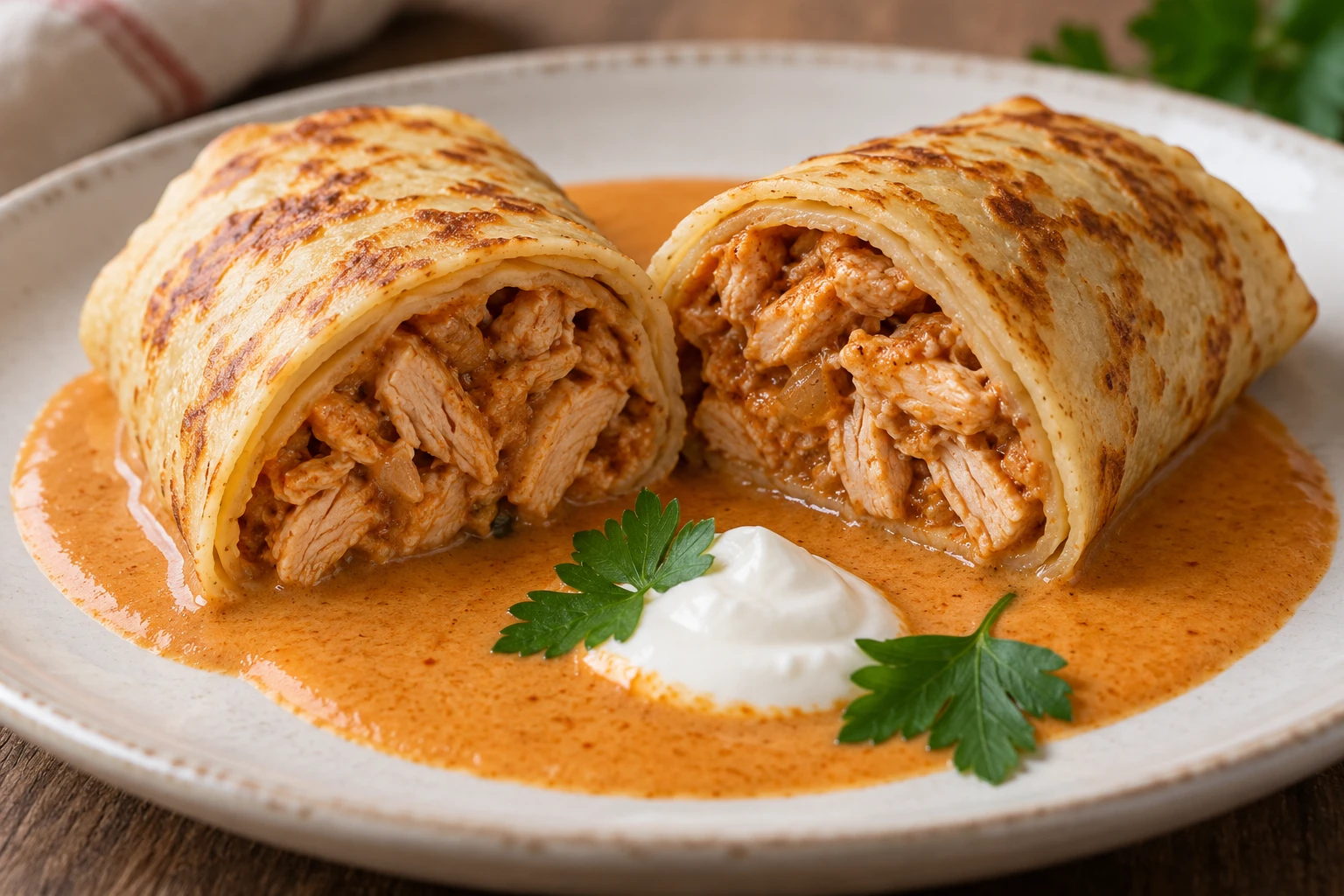 A rolled savory pancake cut in two to reveal cooked chicken in a thin crepe wrapper