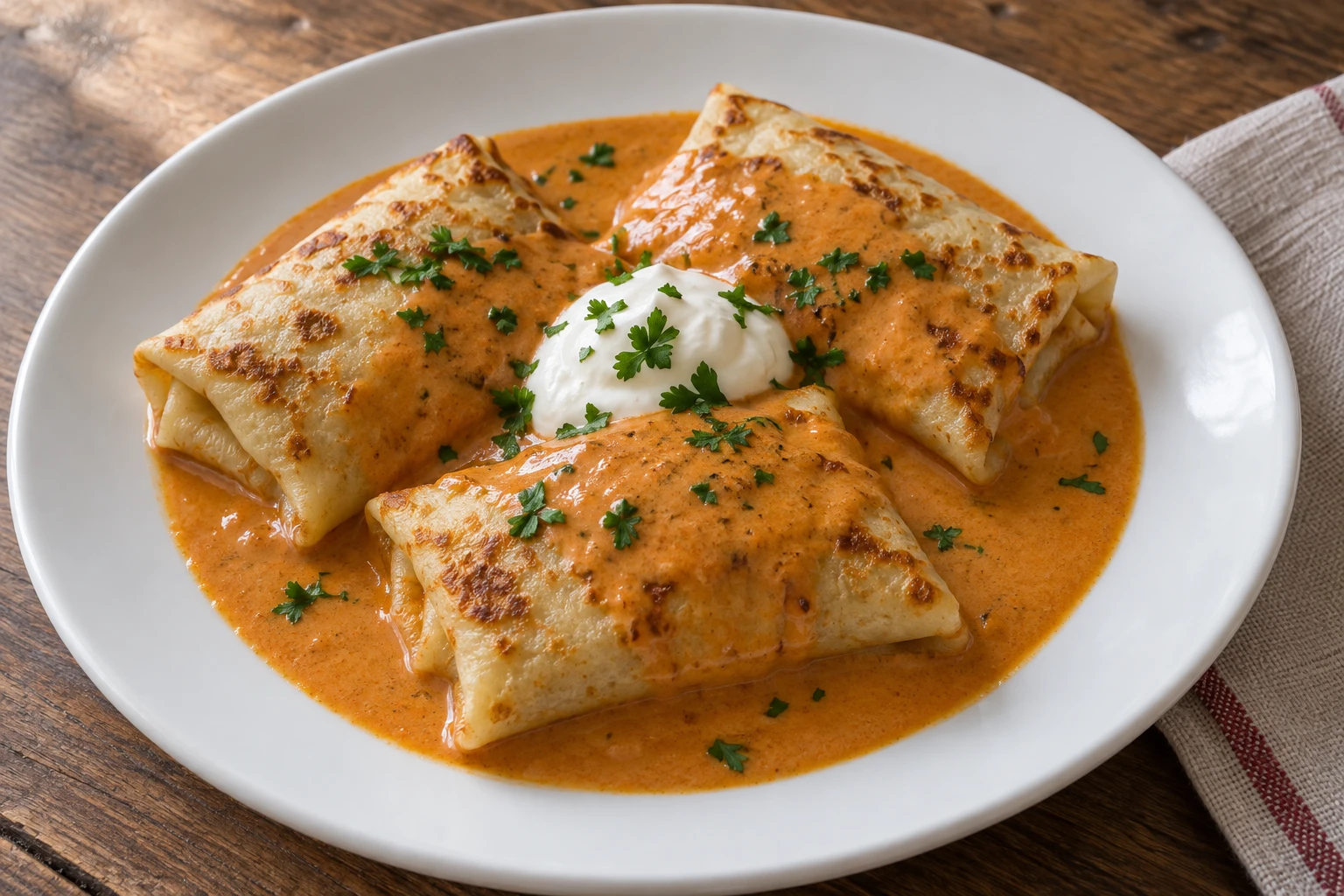 Three folded thin Hungarian pancakes in orange paprika sauce with sour cream and parsley