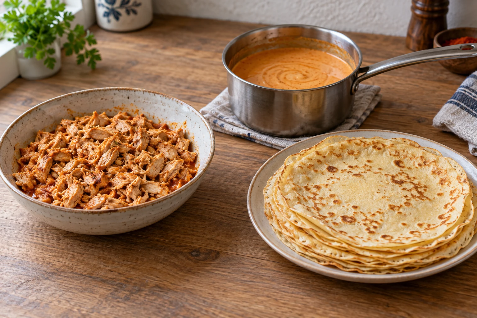 Cooked chicken, smooth paprika sauce and a stack of thin pancakes in separate vessels