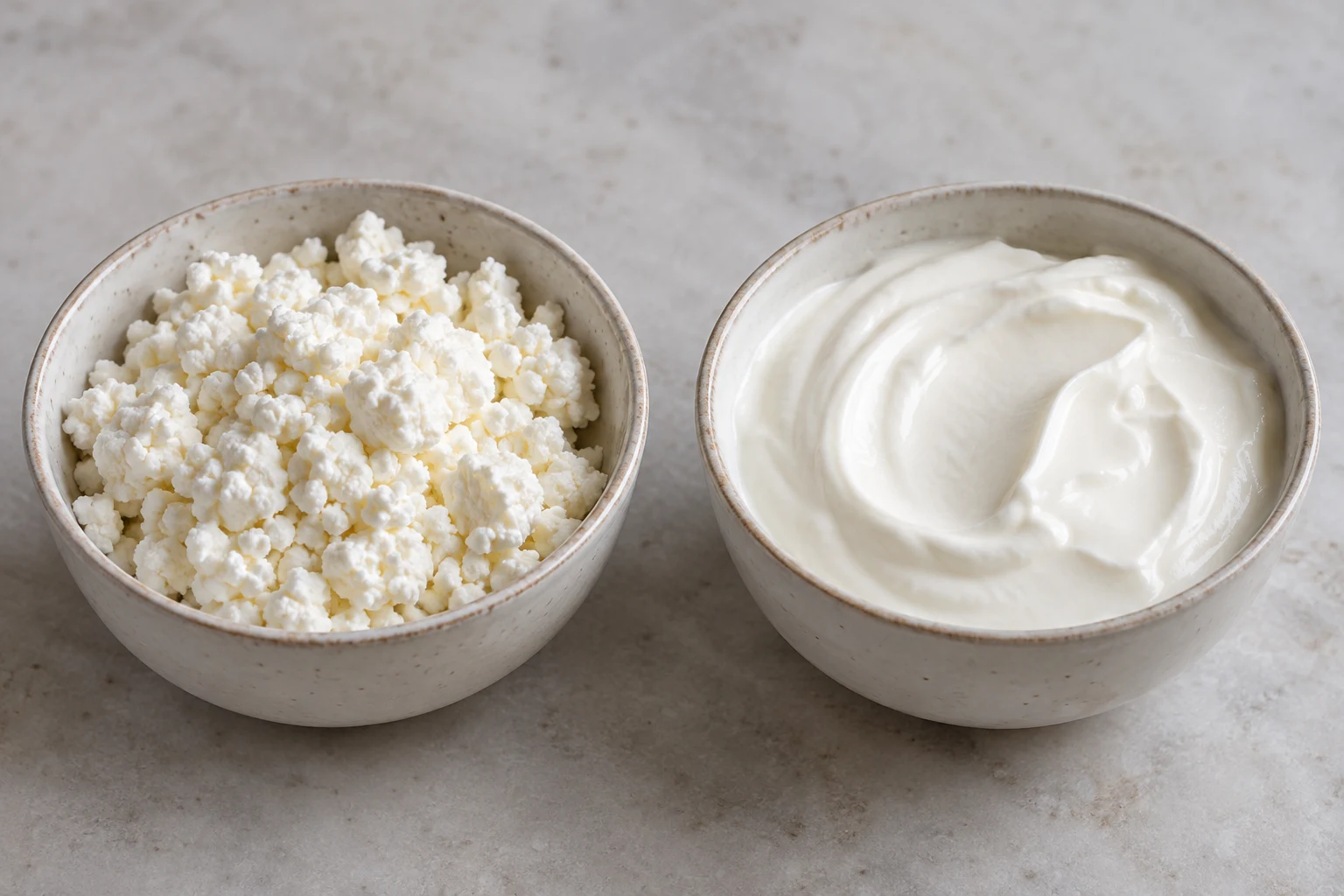 Two bowls showing loose moist white curds beside smooth thick sour cream