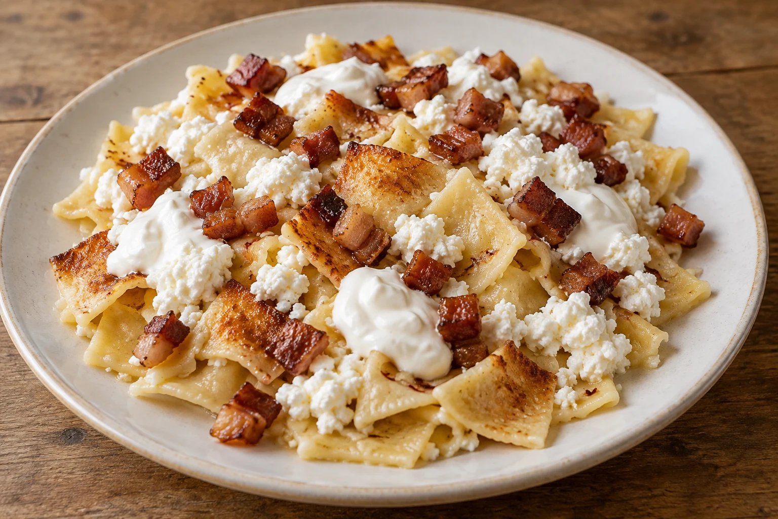 Broad pasta pieces with golden-brown surfaces, white curds, sour-cream dollops and crisp bacon cubes