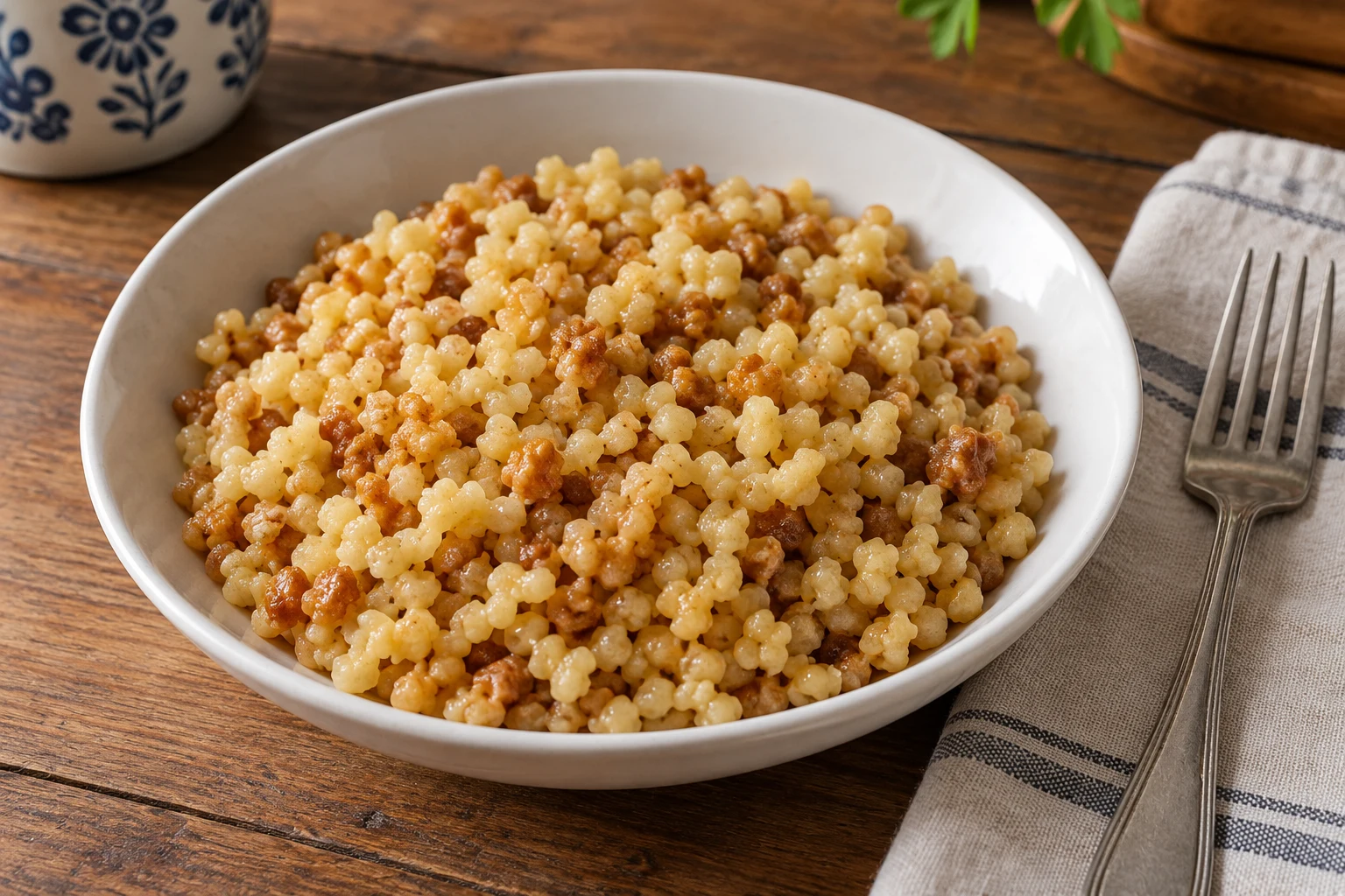 A bowl of cooked golden-brown tarhonya with small irregular egg-pasta pieces