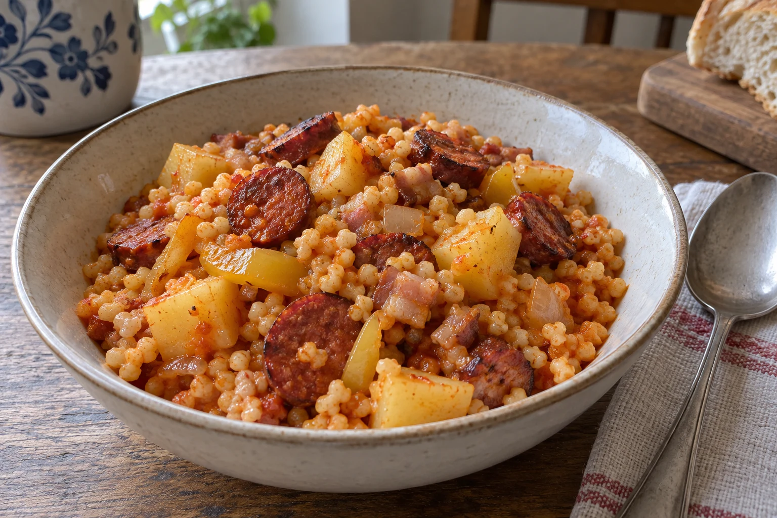 Pásztortarhonya with small pasta pieces, potatoes, paprika sausage, bacon and vegetables