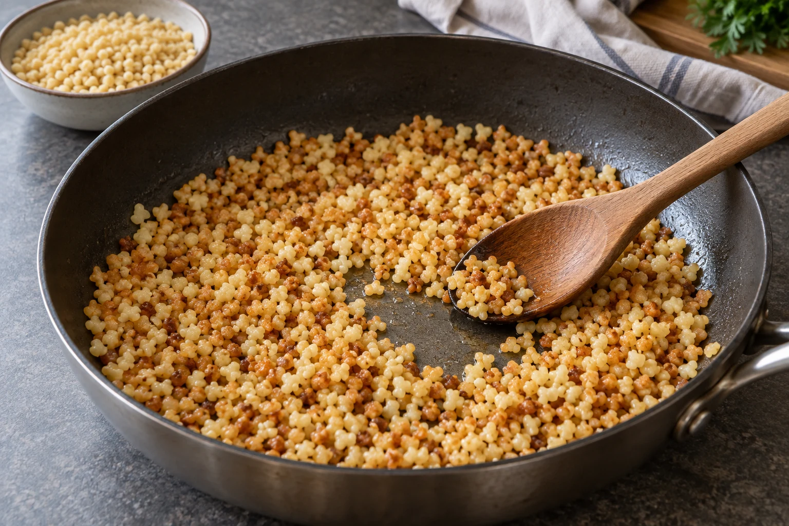 Small tarhonya pasta pieces toasting from pale cream to golden brown in a pan