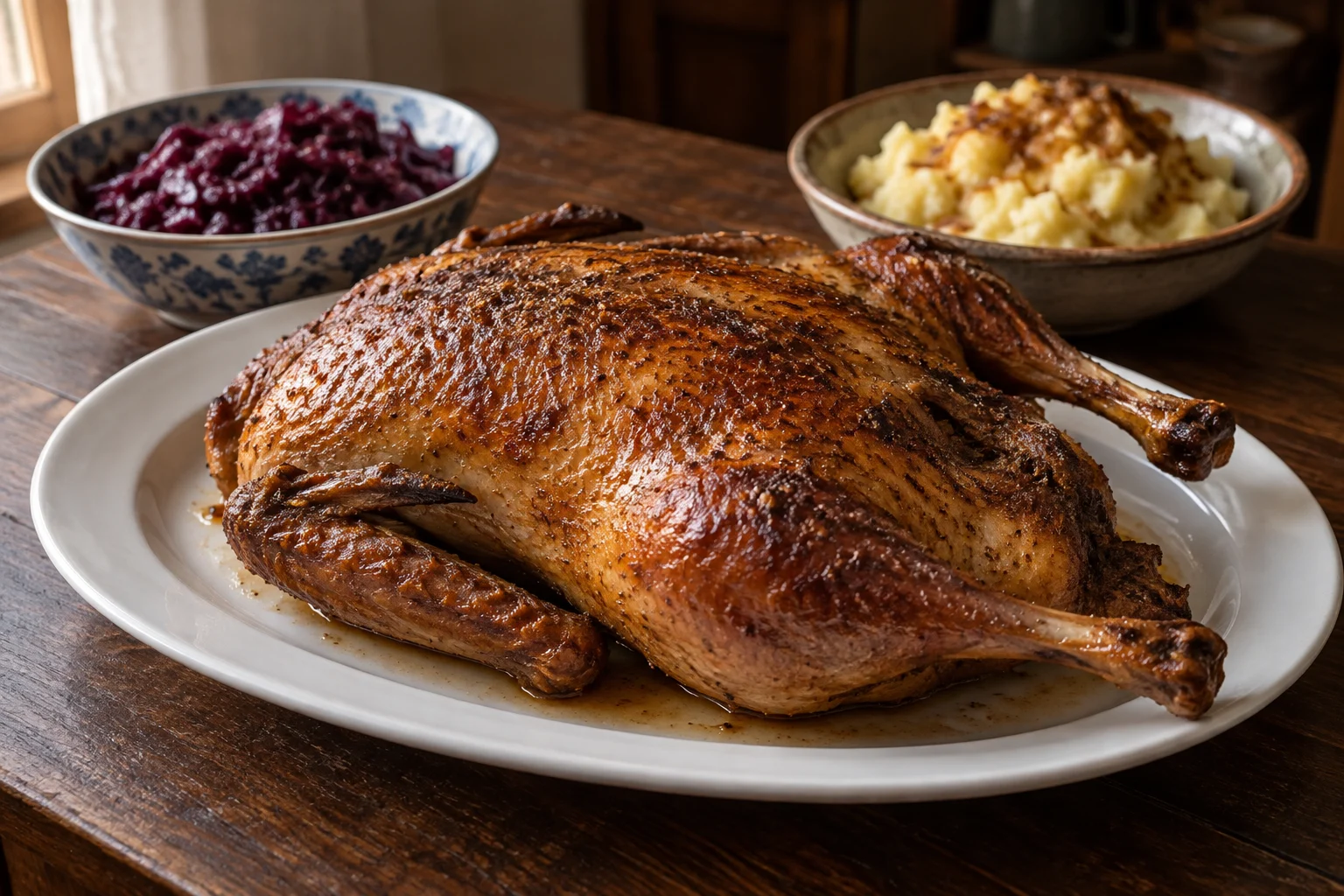 Whole golden-brown roasted duck on an oval platter with red cabbage and onion potatoes behind it