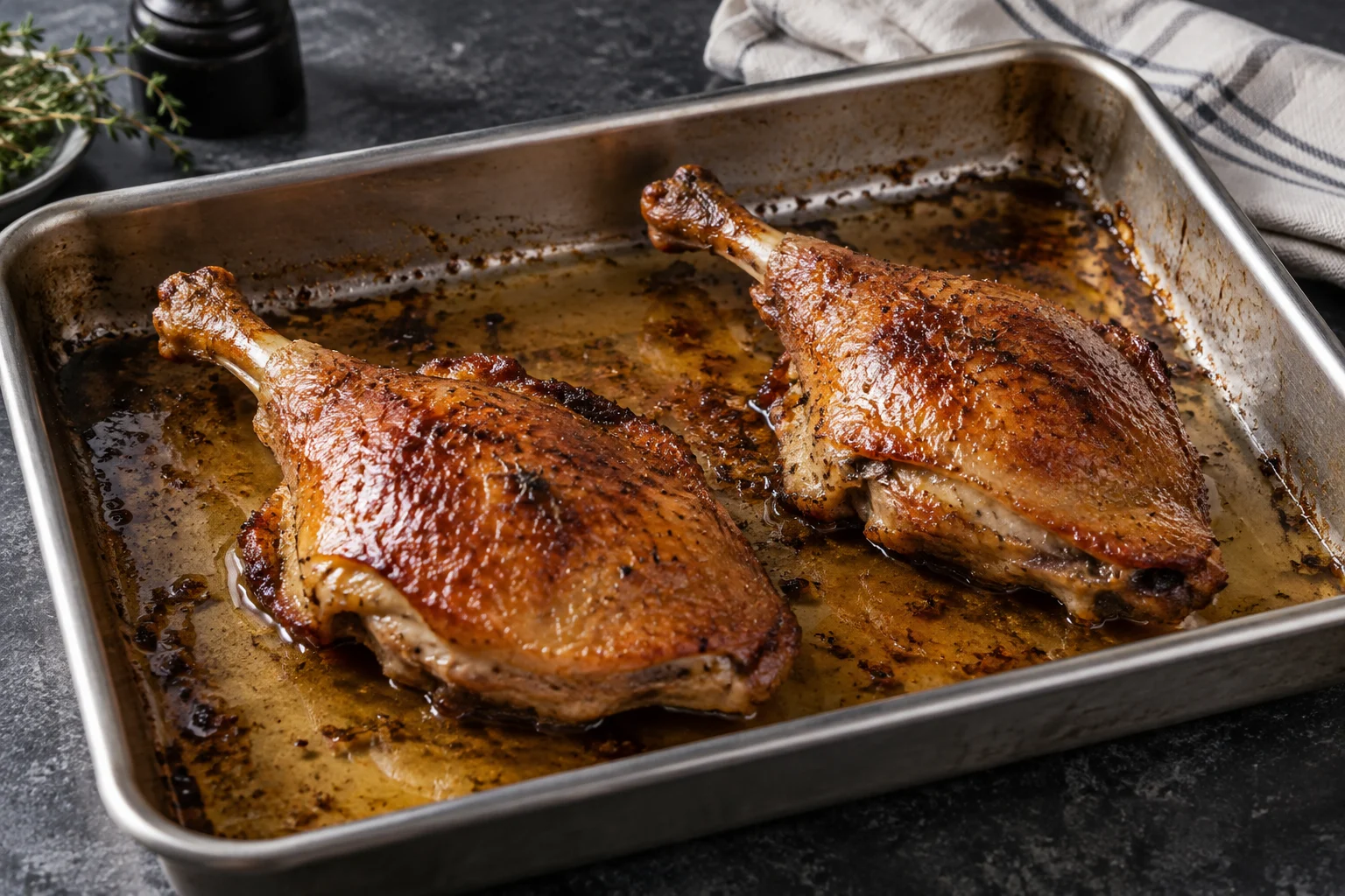 Two crisp browned duck leg quarters above a shallow pool of rendered fat in a metal roasting tray