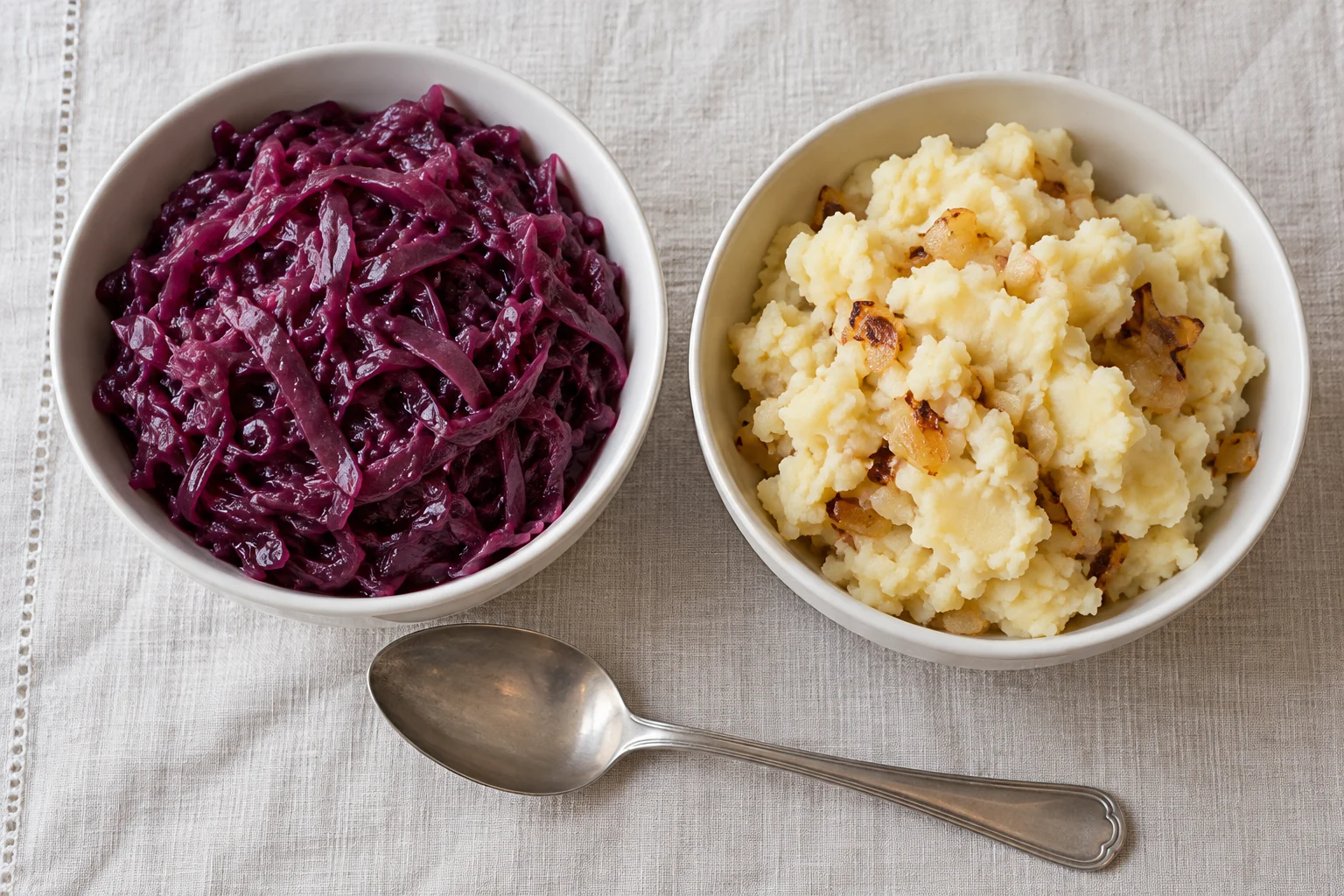 Separate white bowls of shredded braised red cabbage and roughly mashed potatoes with browned onions