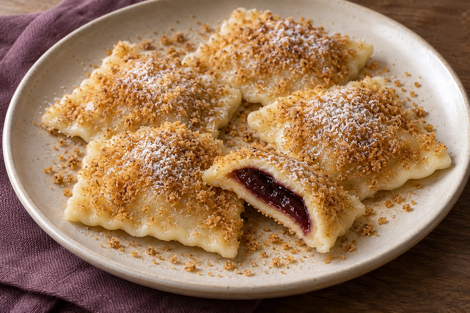Square derelye covered with golden breadcrumbs, with one cut open to show plum jam