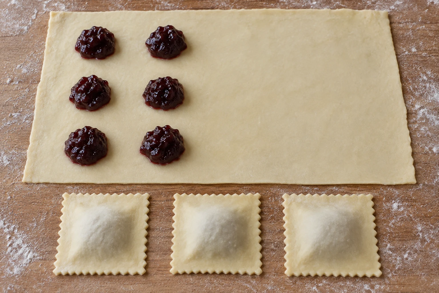 Six mounds of thick plum jam on half a thin dough sheet, beside three sealed square pockets