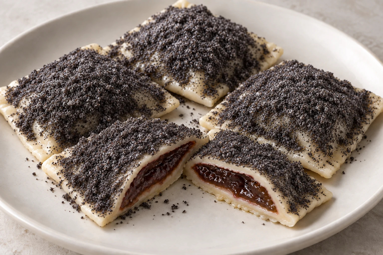 Derelye coated in finely ground poppy seeds, with cut halves revealing plum jam