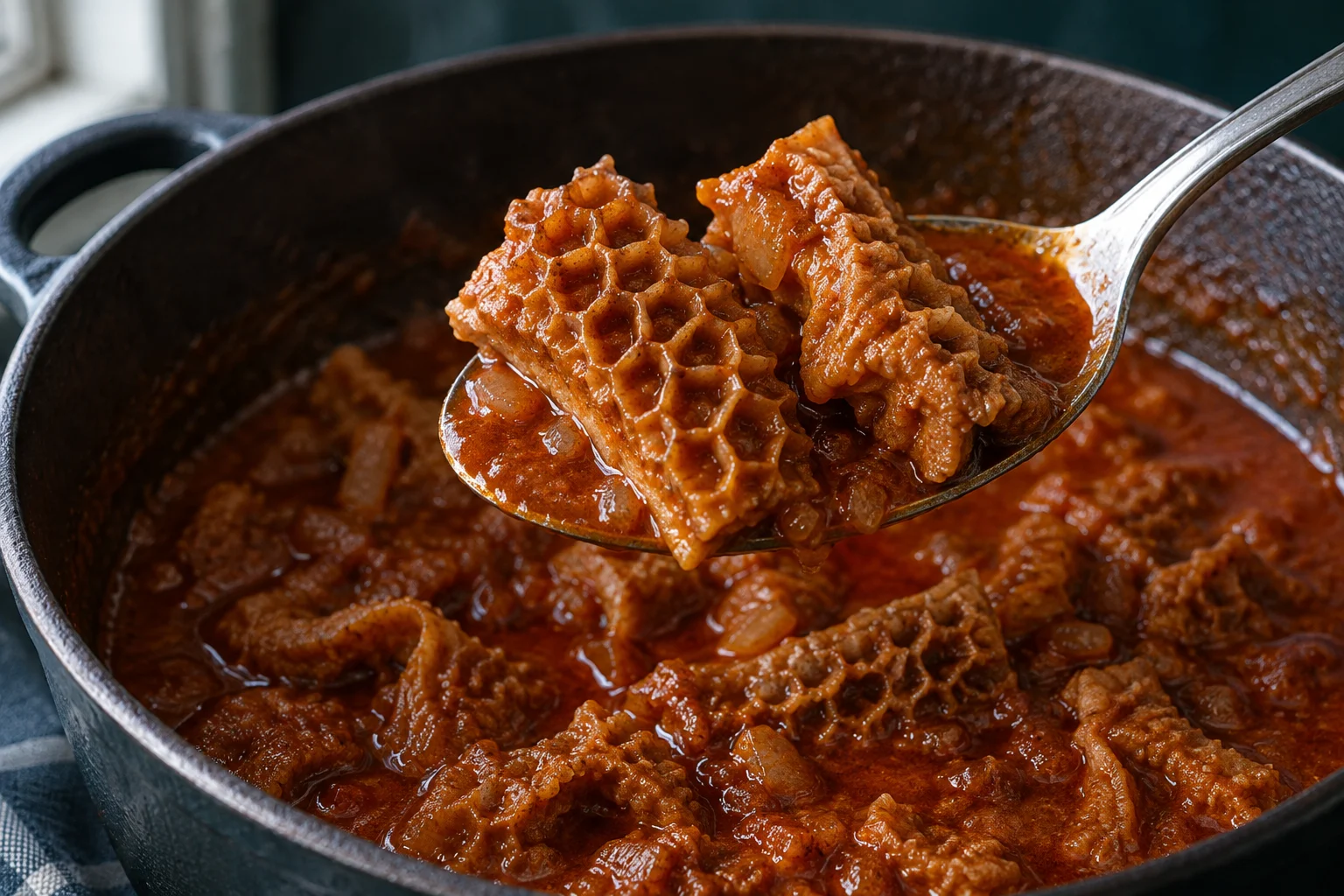 A spoon holding cooked honeycomb tripe coated in paprika sauce above a pot of stew