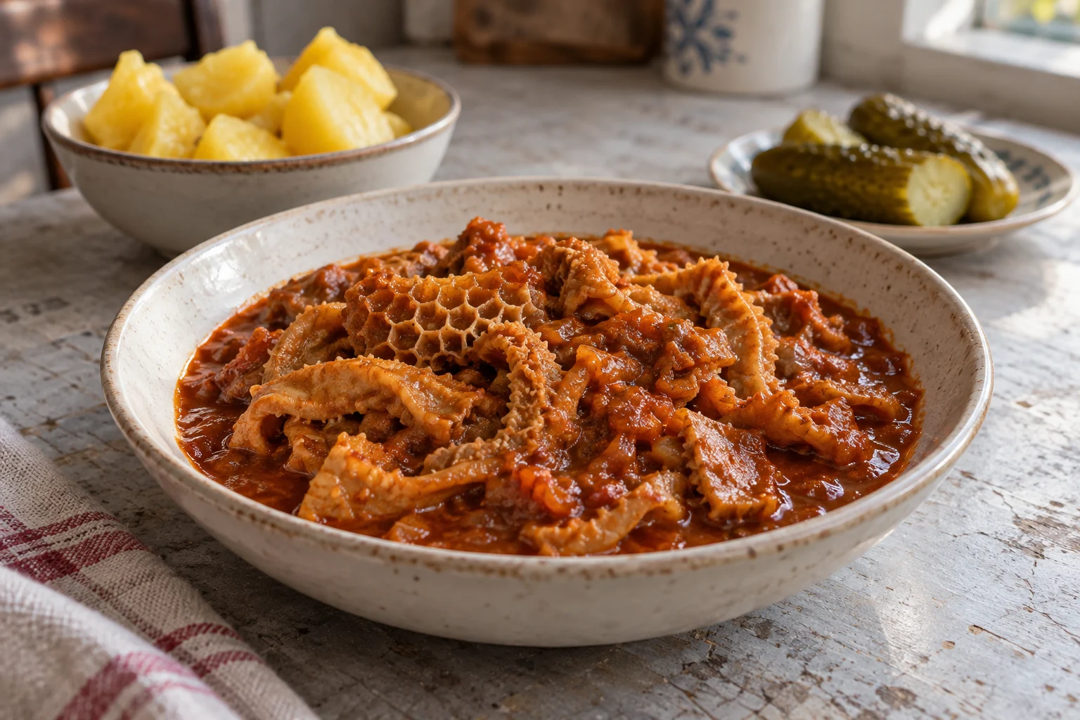 Honeycomb tripe in red paprika gravy in a shallow bowl, with boiled potatoes and pickled cucumber alongside