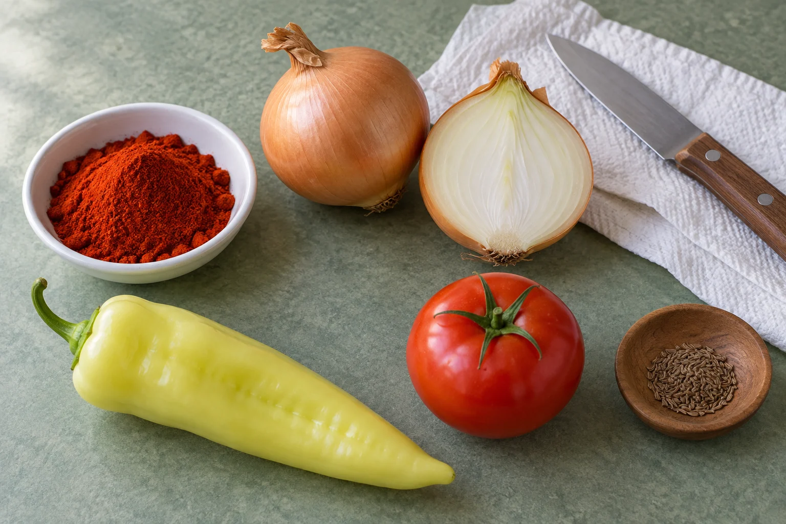 Ground paprika, onions, a pale sweet pepper, tomato and caraway seeds on a kitchen surface