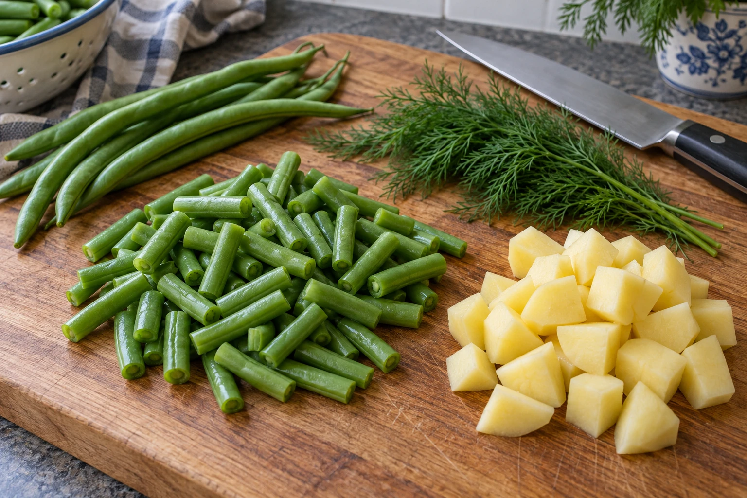 Cut green bean segments and peeled potato cubes beside dill on a cutting board
