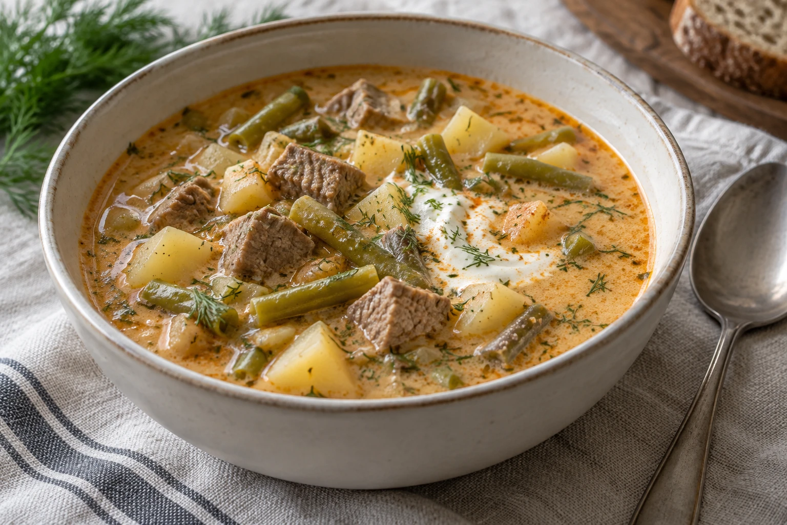 Creamy paprika-tinted soup with meat cubes, green beans, potatoes, dill and sour cream