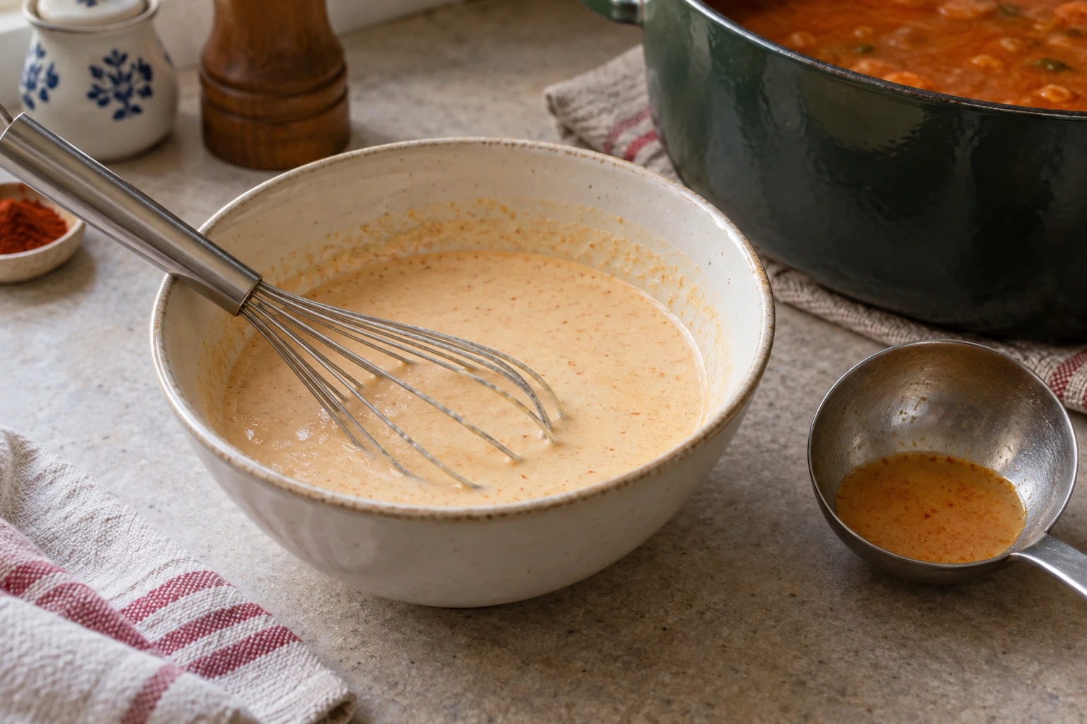 Smooth pale sour-cream mixture in a bowl with a whisk and ladle of paprika-tinted broth