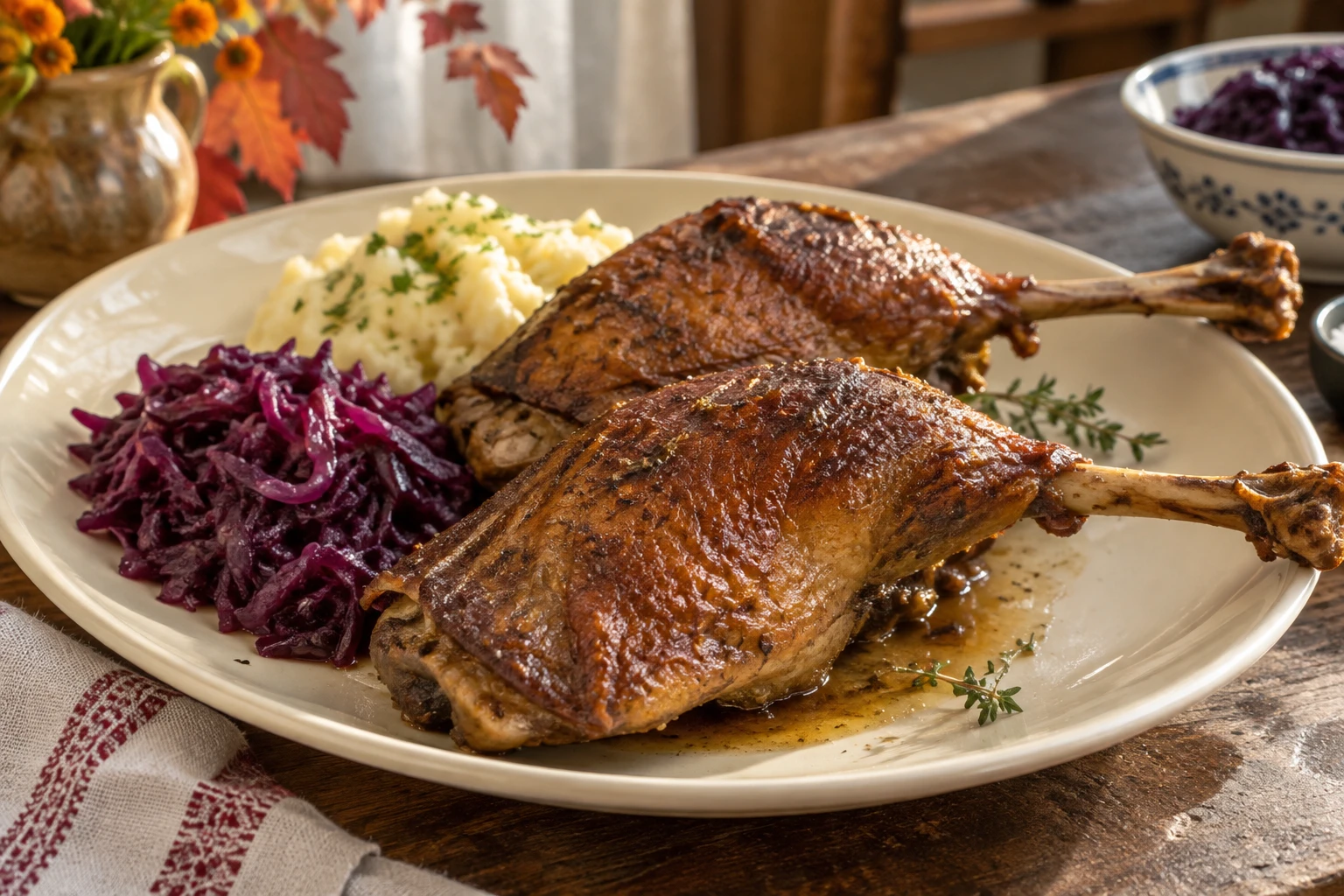 Two large brown roast goose legs with mashed potatoes and braised red cabbage.