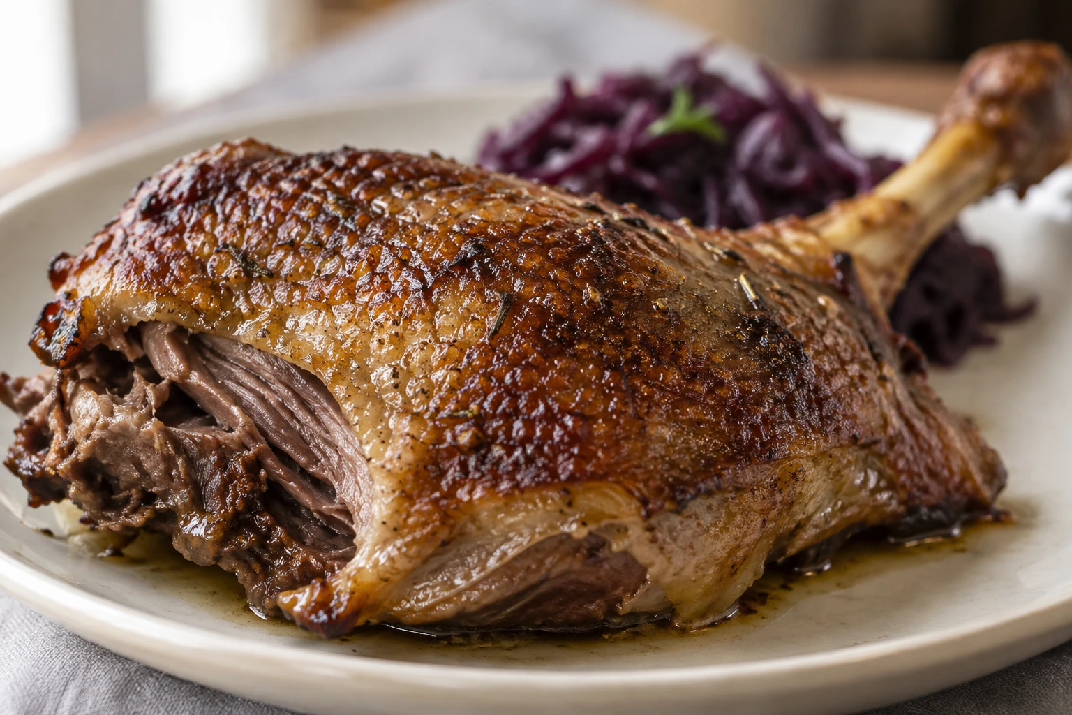 Close view of brown goose skin above a cut section of cooked dark leg meat.