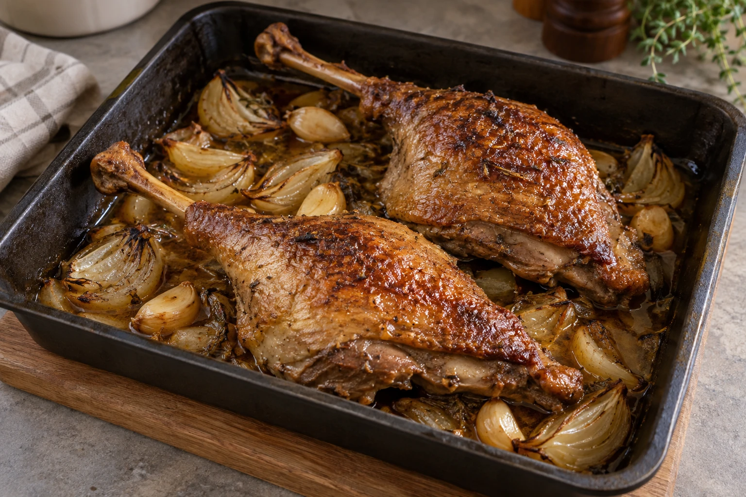 Brown goose legs resting skin upward among roasted onions and garlic in a shallow pan.