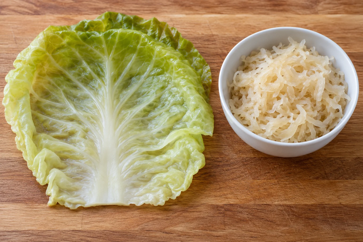 One softened open cabbage leaf with visible veins beside a bowl of pale shredded sauerkraut